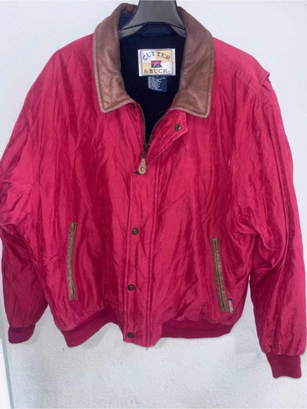 Cutter & Buck Men's Deep Red Bomber Jacket with Brown Trim